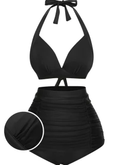 Sale Retro Stage [US Warehouse] 1950s Halter Plaids Lace-Up Swimsuit