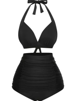 Sale Retro Stage [US Warehouse] 1950s Halter Plaids Lace-Up Swimsuit