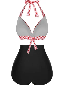 Sale Retro Stage [US Warehouse] 1950s Halter Plaids Lace-Up Swimsuit