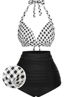 Sale Retro Stage [US Warehouse] 1950s Halter Plaids Lace-Up Swimsuit