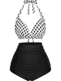 Sale Retro Stage [US Warehouse] 1950s Halter Plaids Lace-Up Swimsuit