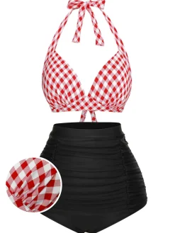 Sale Retro Stage [US Warehouse] 1950s Halter Plaids Lace-Up Swimsuit