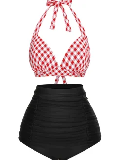 Sale Retro Stage [US Warehouse] 1950s Halter Plaids Lace-Up Swimsuit