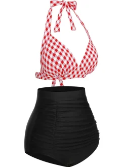 Sale Retro Stage [US Warehouse] 1950s Halter Plaids Lace-Up Swimsuit