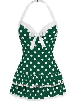 Best Retro Stage [US Warehouse] 1940s Halter Polka Dots Bow Swimsuit