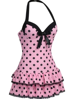 Best Retro Stage [US Warehouse] 1940s Halter Polka Dots Bow Swimsuit