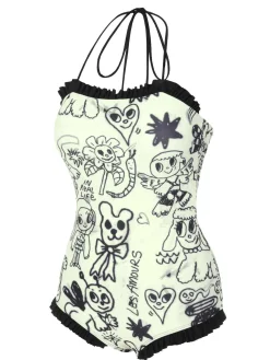 Online Retro Stage [US Warehouse] 1960s Halter Printed Ruffles One-Piece Swimsuit Black