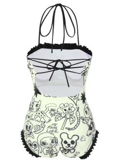Online Retro Stage [US Warehouse] 1960s Halter Printed Ruffles One-Piece Swimsuit Black