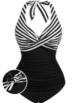 Hot Retro Stage [US Warehouse] 1950s Halter Stripes One-Piece Swimsuit