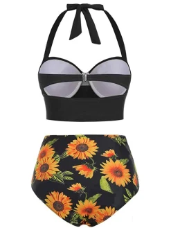 New Retro Stage [US Warehouse] 1950s Halter Sunflower Pleated Bikini Set