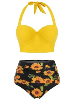 New Retro Stage [US Warehouse] 1950s Halter Sunflower Pleated Bikini Set