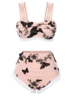 Hot Retro Stage [US Warehouse] 1950s Lace Strawberry Cami Tankini Set