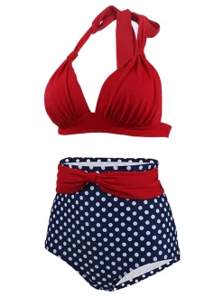 Best Retro Stage [US Warehouse] 1950s Polka Dot Pleated Halter Bikini