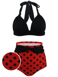 Best Retro Stage [US Warehouse] 1950s Polka Dot Pleated Halter Bikini