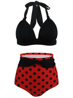 Best Retro Stage [US Warehouse] 1950s Polka Dot Pleated Halter Bikini