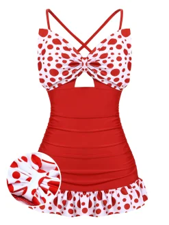 Best Retro Stage [US Warehouse] 1930s Polka Dot Bowknot Patchwork Swimsuit Red