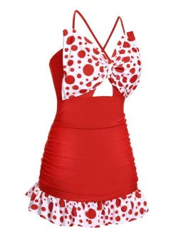 Best Retro Stage [US Warehouse] 1930s Polka Dot Bowknot Patchwork Swimsuit Red