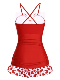 Best Retro Stage [US Warehouse] 1930s Polka Dot Bowknot Patchwork Swimsuit Red