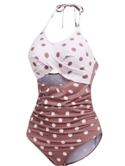 Clearance Retro Stage [US Warehouse] 1940s Polka Dots Patchwork One-piece Swimsuit White & Brown