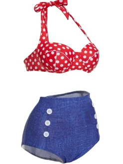 Best Retro Stage [US Warehouse] 1950s Retro Polka Dot Halter Bikini Swimsuit Red