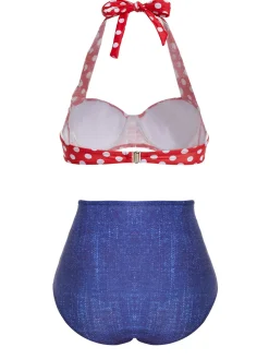Best Retro Stage [US Warehouse] 1950s Retro Polka Dot Halter Bikini Swimsuit Red