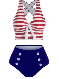Clearance Retro Stage [US Warehouse] 1950s Retro Strap Stripes Criss Cross Bikini Red