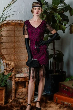 Clearance Retro Stage [US Warehouse] 1920s Sequin Art Deco Flapper Dress Rose red
