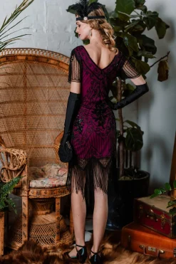 Clearance Retro Stage [US Warehouse] 1920s Sequin Art Deco Flapper Dress Rose red