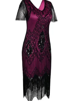 Clearance Retro Stage [US Warehouse] 1920s Sequin Art Deco Flapper Dress Rose red
