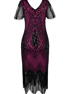 Clearance Retro Stage [US Warehouse] 1920s Sequin Art Deco Flapper Dress Rose red