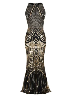 Discount Retro Stage [US Warehouse] 1920s Sequin Backless Formal Dress Gold
