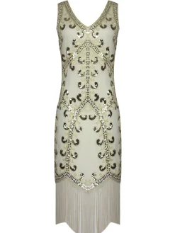 Outlet Retro Stage [US Warehouse] 1920s Sequin Fringed Gatsby Dress Apricot