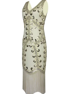 Outlet Retro Stage [US Warehouse] 1920s Sequin Fringed Gatsby Dress Apricot