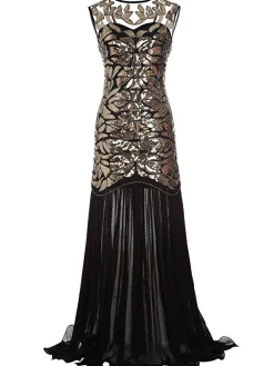 Best Retro Stage [US Warehouse] 1920s Sequin Gatsby Maxi Dresses Black