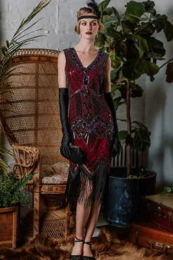 Clearance Retro Stage [US Warehouse] 1920s Sequined Fringe Dress Wine Red