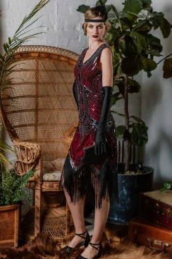 Clearance Retro Stage [US Warehouse] 1920s Sequined Fringe Dress Wine Red