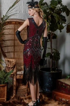 Clearance Retro Stage [US Warehouse] 1920s Sequined Fringe Dress Wine Red