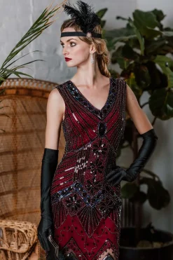 Clearance Retro Stage [US Warehouse] 1920s Sequined Fringe Dress Wine Red