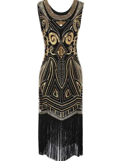 Clearance Retro Stage [US Warehouse] 1920s Sequined Fringe Flapper Dress Gold