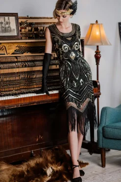 Clearance Retro Stage [US Warehouse] 1920s Sequined Fringe Flapper Dress Gold