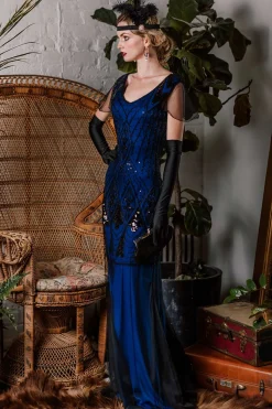 Hot Retro Stage [US Warehouse] 1920s Sequined Maxi Flapper Dress Dark blue