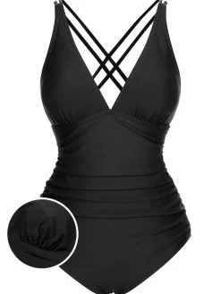 Clearance Retro Stage [US Warehouse] 1950s Solid V-Neck One-Piece Swimsuit