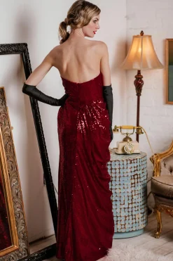 Sale Retro Stage [US Warehouse] 1920s Strapless Sequin Bridesmaid Dress Dark Red