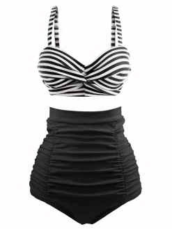 Best Retro Stage [US Warehouse] 1940s Striped Colorblock Vintage Bikini Set