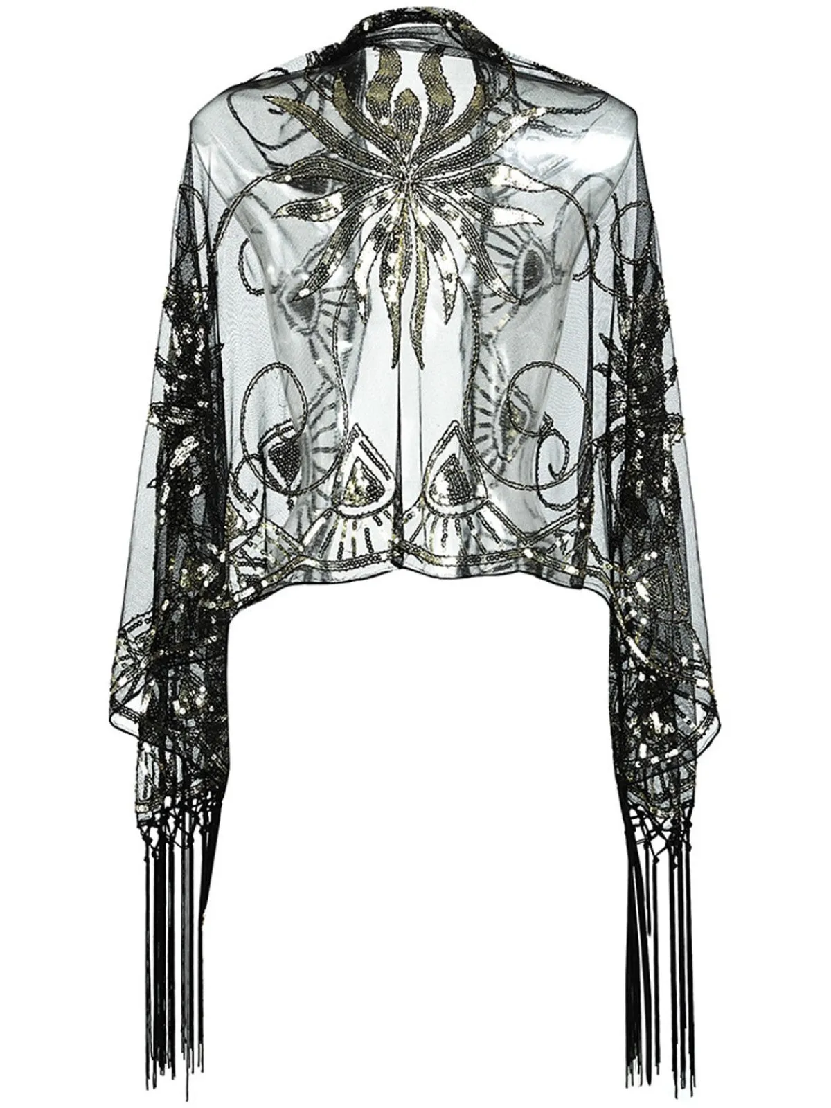 New Retro Stage [US Warehouse] Vintage Sequin Handmade Fringed Cape