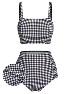Clearance Retro Stage [US Warehouse] White & 1940s Plaid Suspenders Swimsuit Black