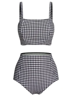 Clearance Retro Stage [US Warehouse] White & 1940s Plaid Suspenders Swimsuit Black