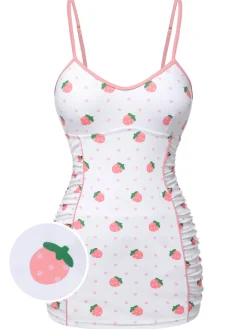 Sale Retro Stage [US Warehouse] White & 1950s Strawberry Pleated Swimsuit Pink