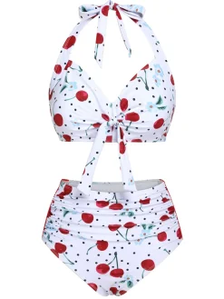 Clearance Retro Stage [US Warehouse] 1950s Cherry Lace-Up Halter Swimsuit White