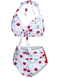 Clearance Retro Stage [US Warehouse] 1950s Cherry Lace-Up Halter Swimsuit White